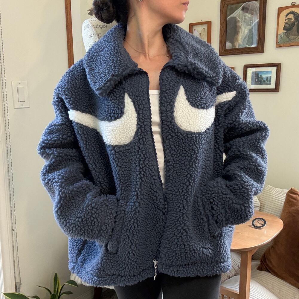 Nike Double Swoosh Sherpa Faux Fur Teddy Blue Full-Zip Jacket Size L